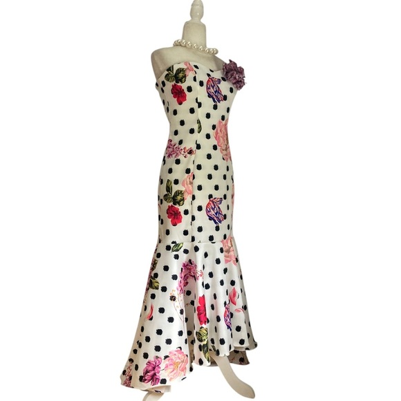Marchesa Notte Strapless Black Polka Dot Gown Pink Floral - Picture 13 of 16